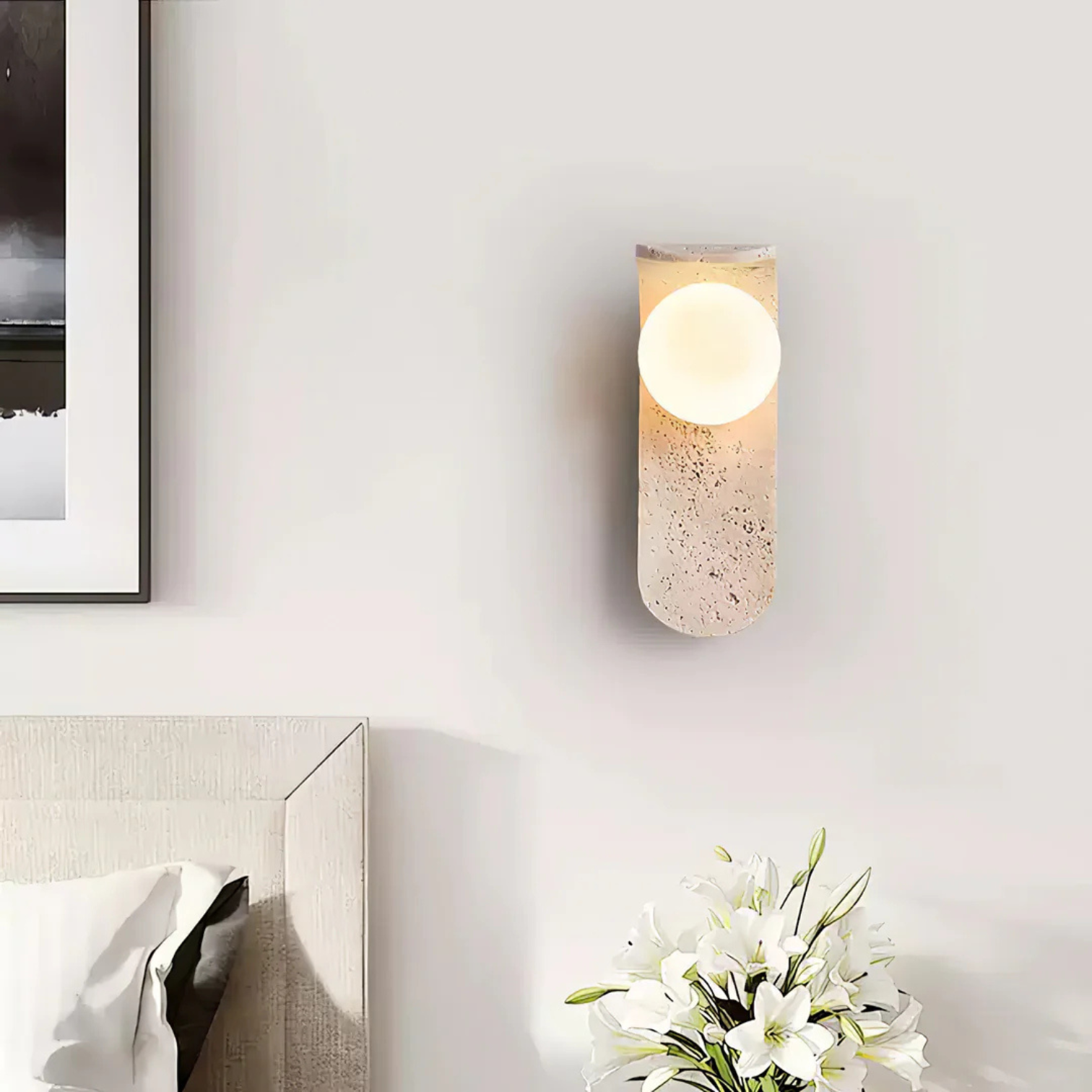 TravertineGlow | Handcrafted Wall Light with Opal Glass Globe | Natural Elegance for Serene Interiors 6